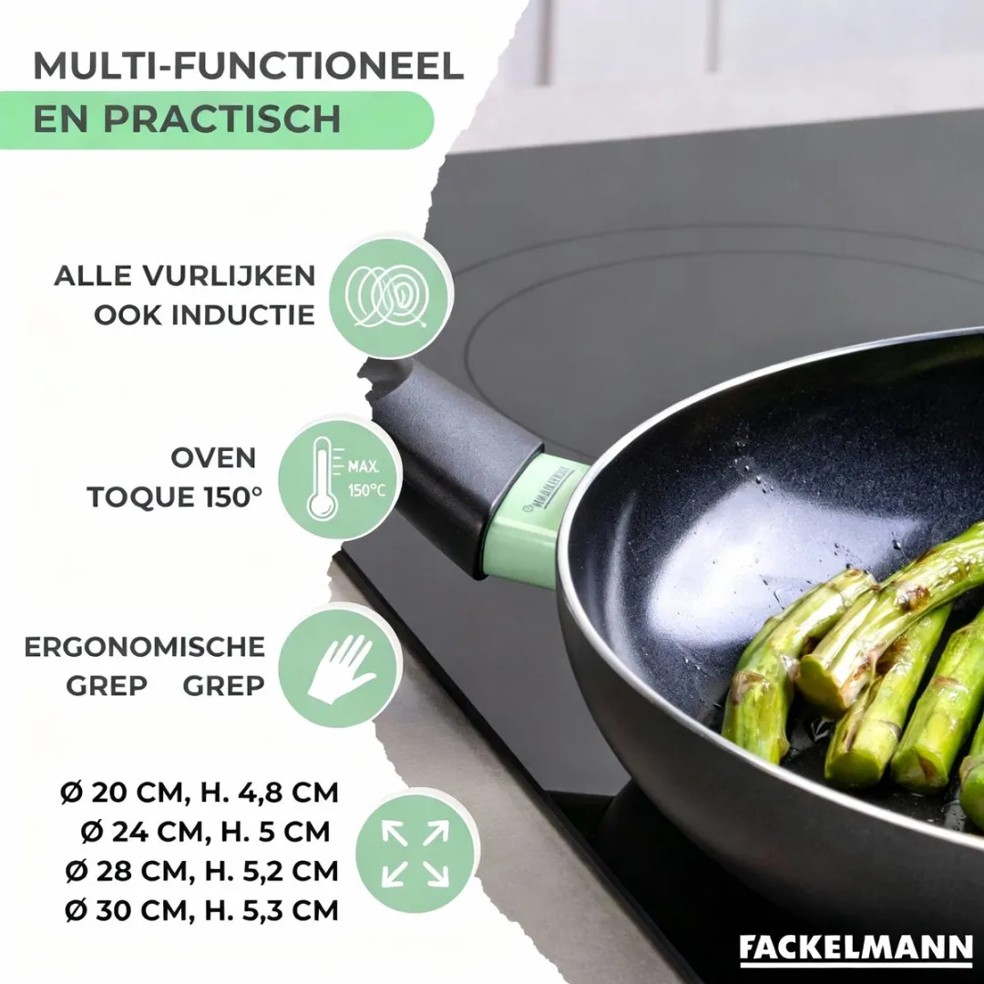 Fackelmann Anti-Aanbakpan Set 4 Stuks - 20/24/28/30cm - Zwart/Groen