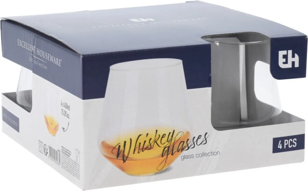 Excellent Houseware Whiskeyglazen 8x - 450ml - Transparant