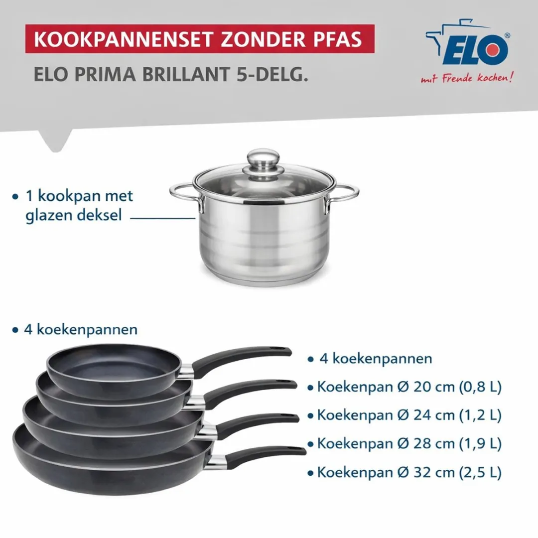 Fackelmann Elo Prima Brillant Keukenset 5-delig - 20/24/28/32cm + 14cm Soeppan - Roestvrij staal