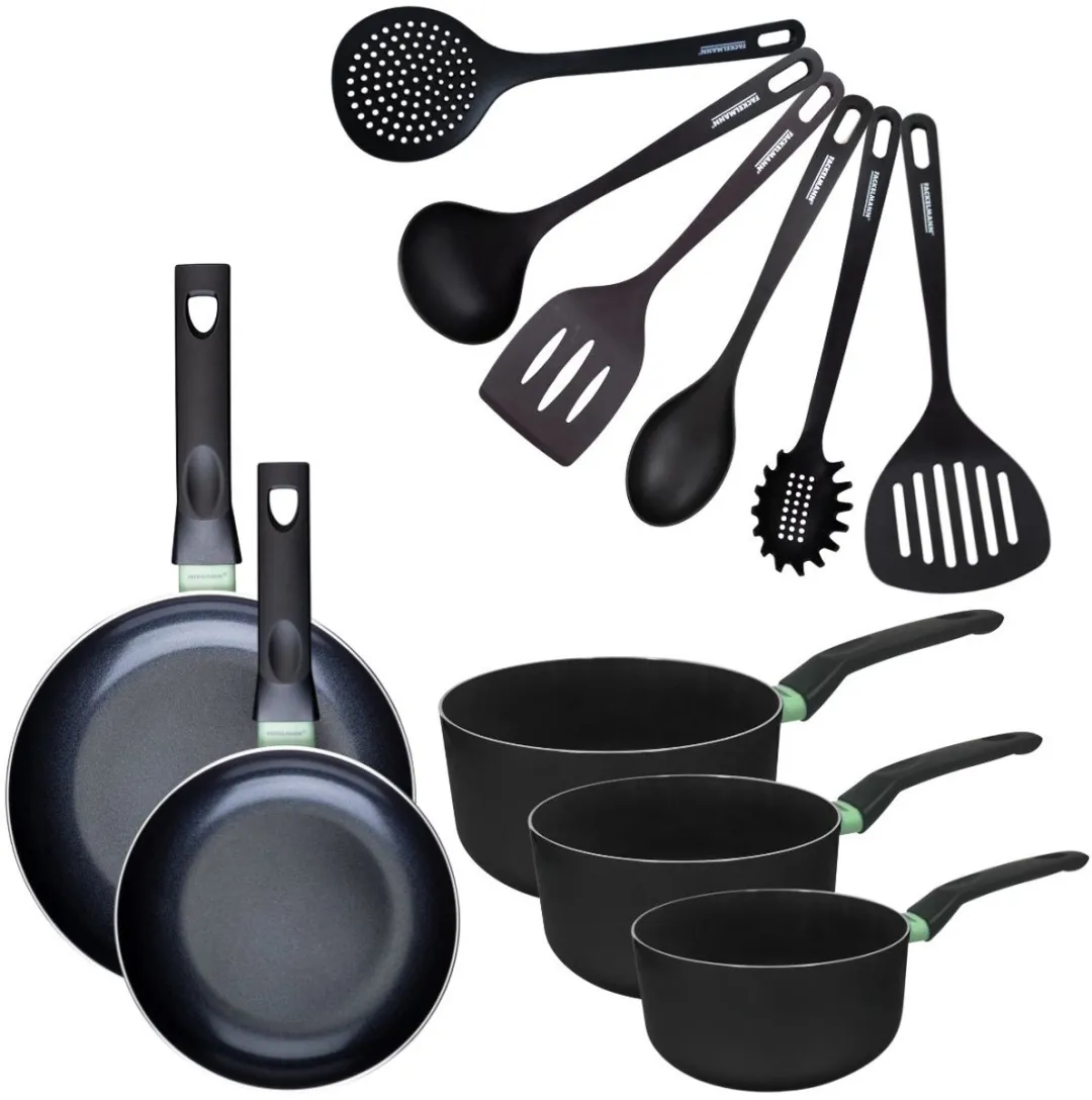 Fackelmann 9432950B88 Kookset - 2 Pannen 20/24cm + 3 Keramische Pannen + 6 Keukengerei - Zwart/ Groen