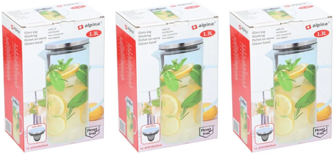 Alpina Waterkaraf met Filter 1,3L - 3 Stuks - Transparant