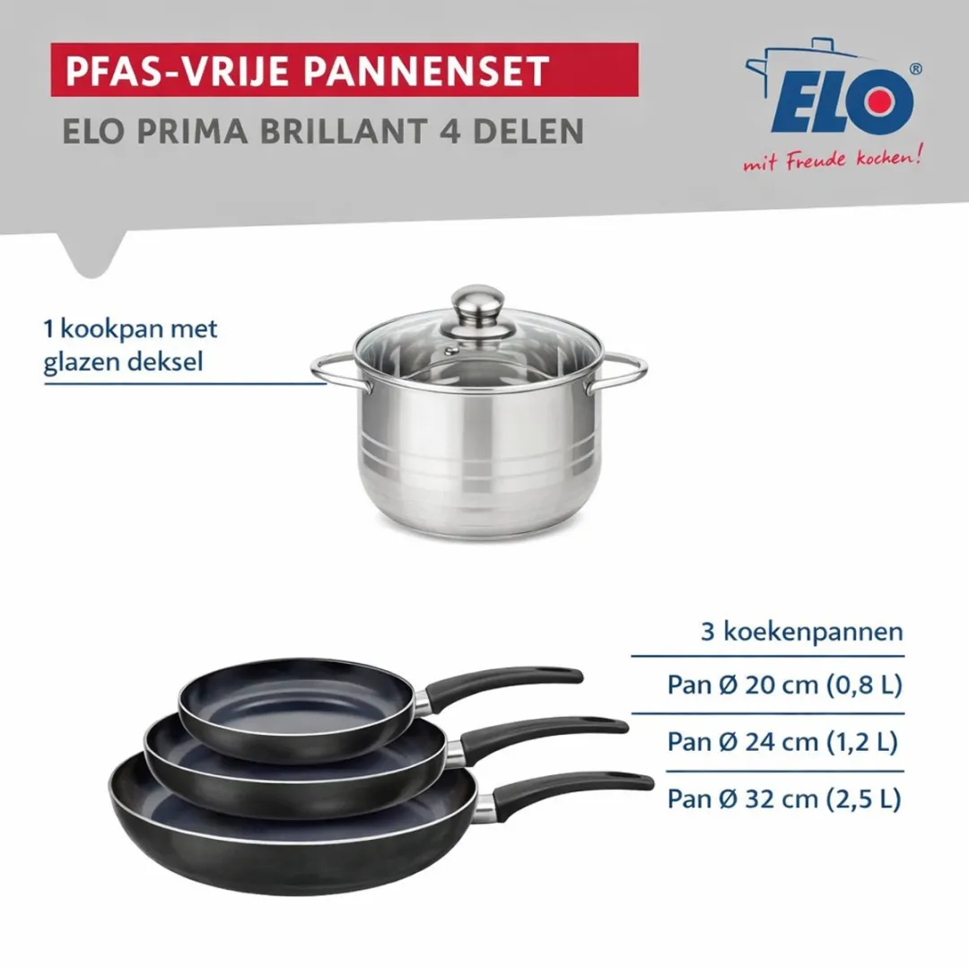 Fackelmann Elo Prima Keukengerei Set 4-delig - 20/24/32cm + 20cm Braadpan - Roestvrij staal