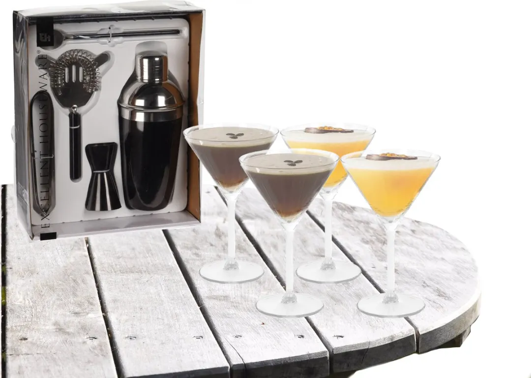 Excellent Houseware Cocktailset 5-delig - 4x Martini Glazen 260ml - Zwart