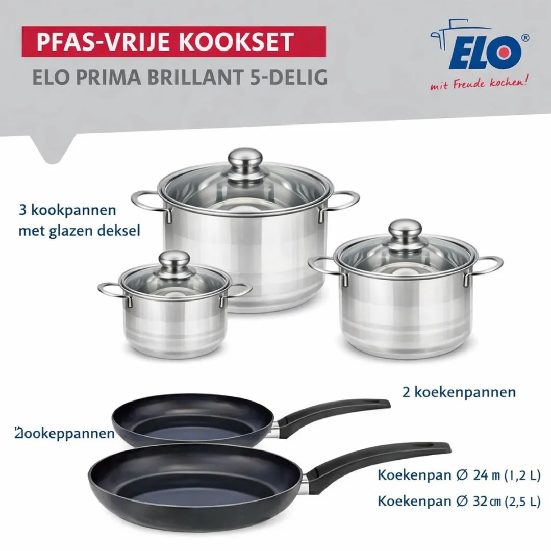 Fackelmann Elo 9735850 Keukenset 5-delig - 2 Bakpannen 24/32cm & 3 Kookpotten 12/14/24cm - Roestvrij staal
