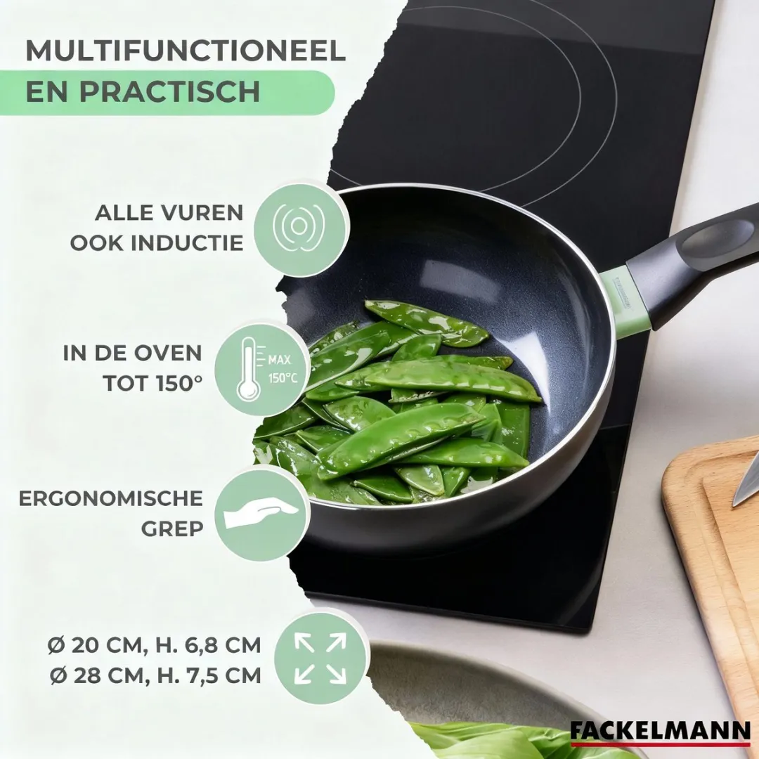 Fackelmann Wokset 20+28cm - PFAS-vrij - Zwart/Groen