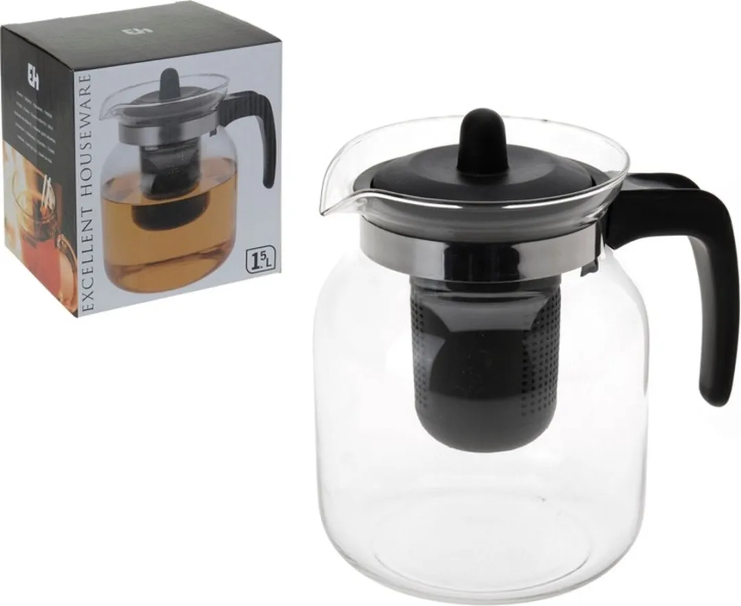 Excellent Houseware Glazen Theepot 1.2L - Zwart