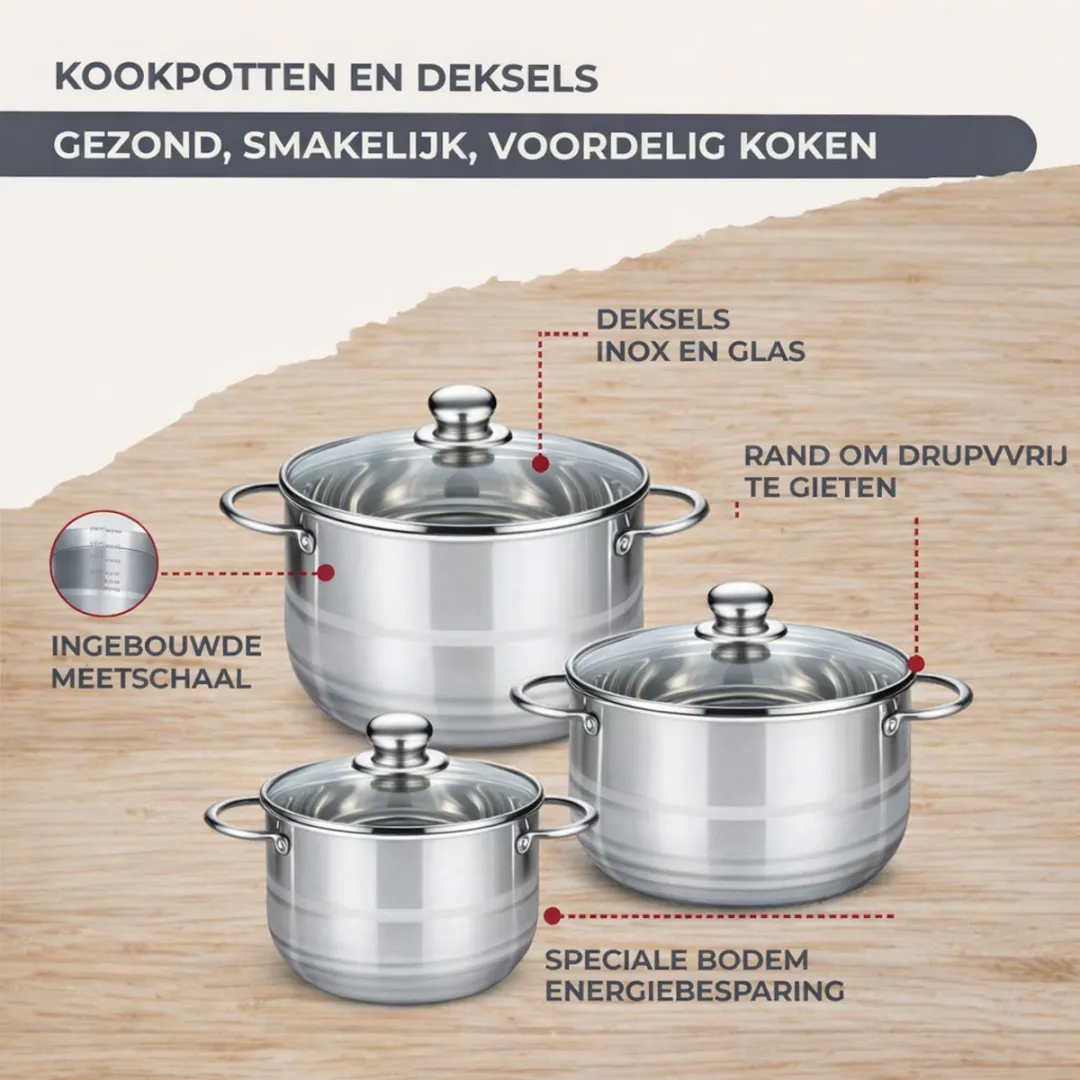 Fackelmann 9357350 Set Kookpannen - 8-delig - Roestvrij staal