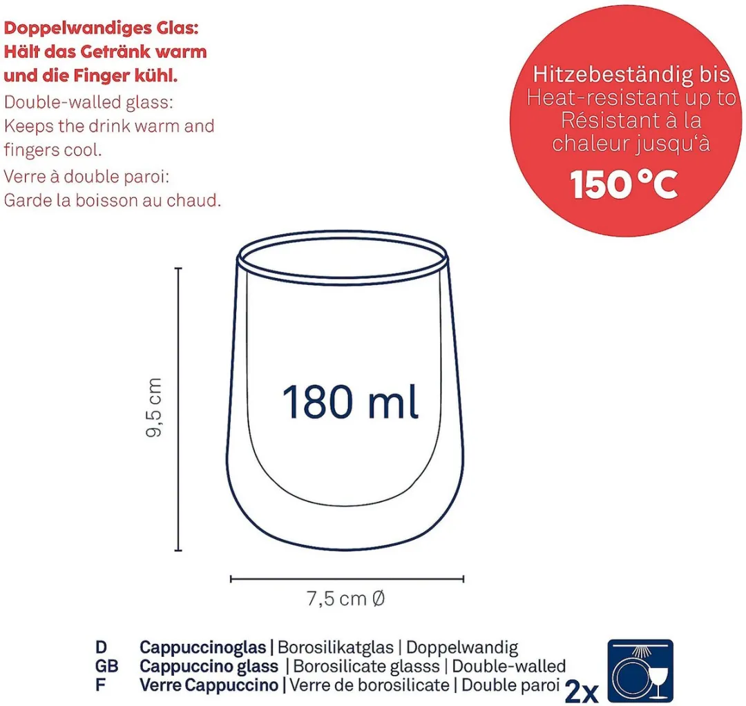 Kela Cappuccino Glas 180ml - Set van 2