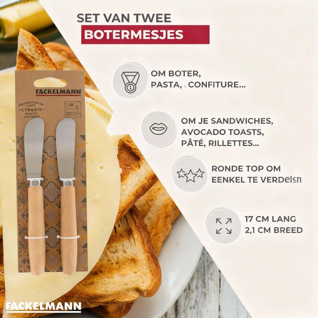 Fackelmann 40908 Botermessen Set - 2 Stuks - Hout & Roestvrij Staal