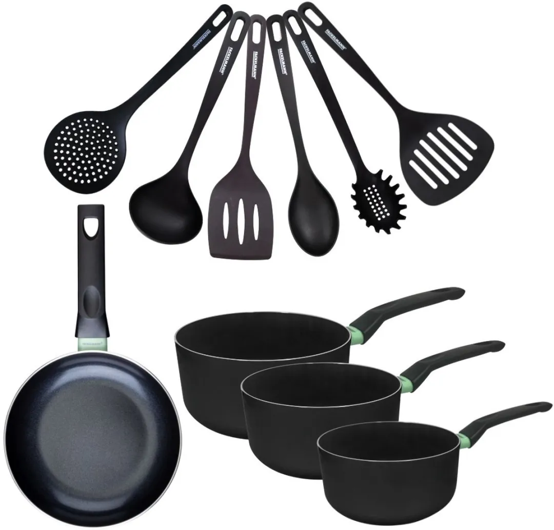 Fackelmann 9432450 Set Kookpannen 16-20cm - 3 Stuks + Keukengerei - Zwart/ Groen