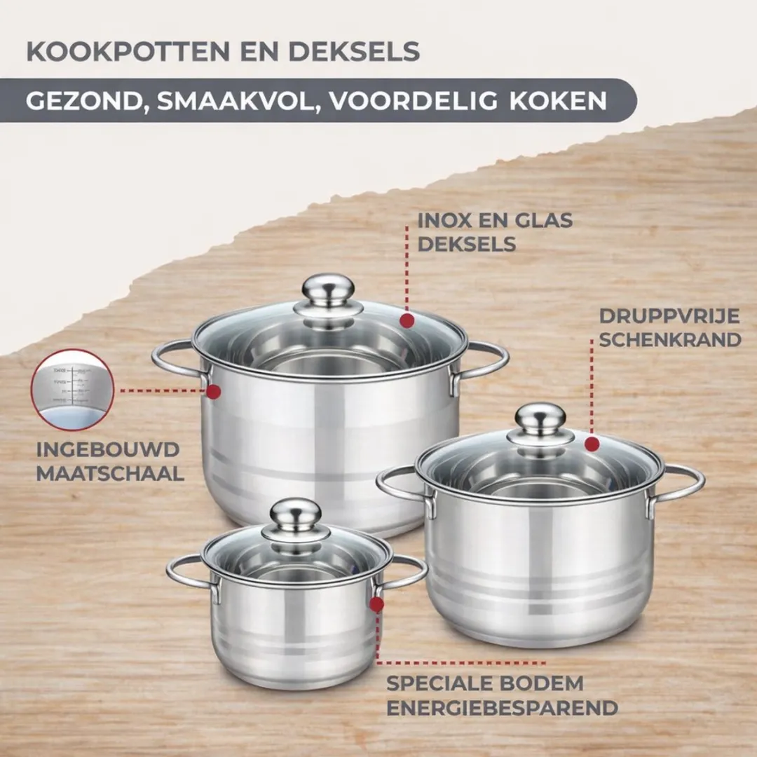 Fackelmann 9358150B88 Keukenset - 2 Pannen + 3 Steelpannen + 3 Braadpannen - Roestvrij staal