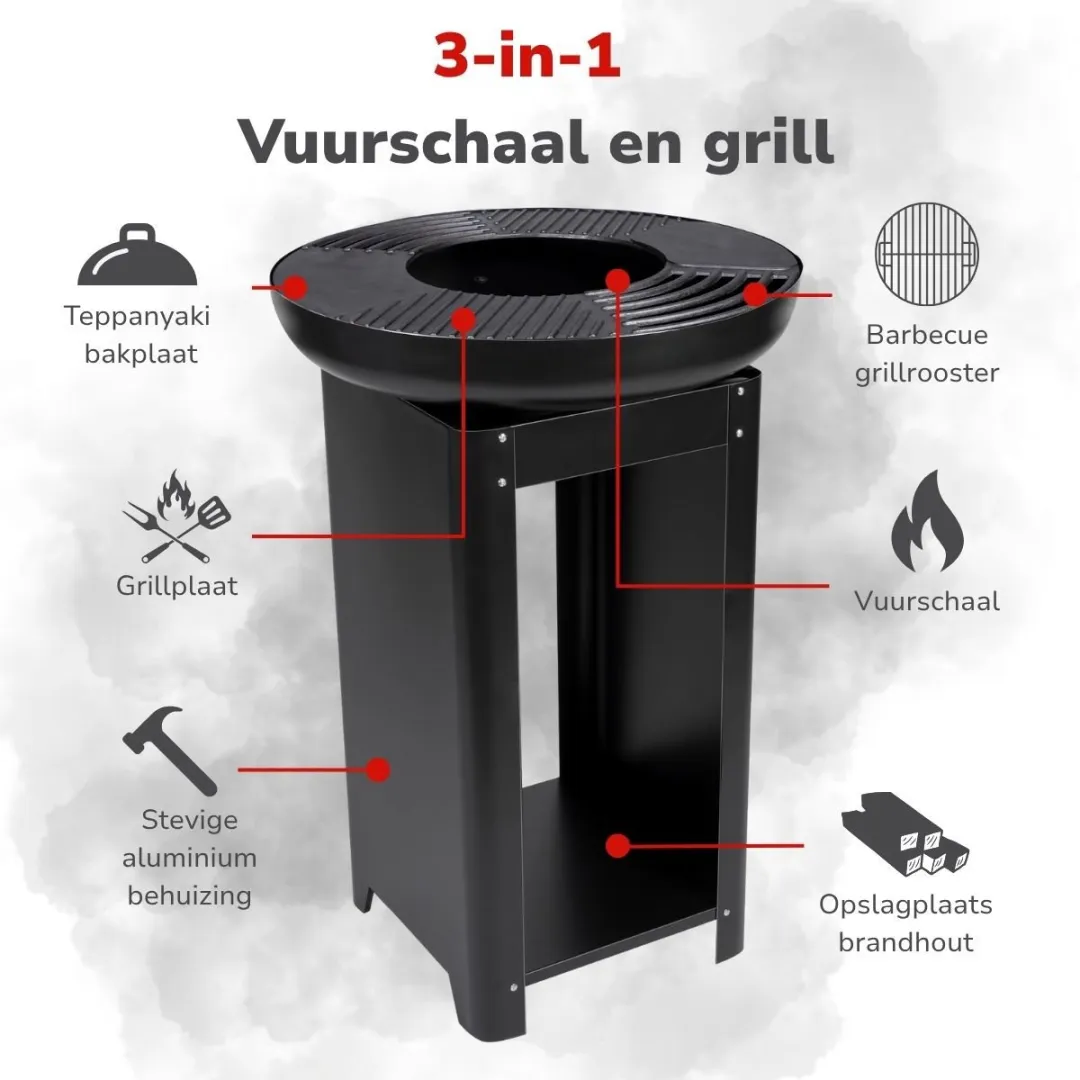 Alpina 3-in-1 Vuurkorf & Grillplaat 61x90cm - Teppanyaki Plancha - Zwart