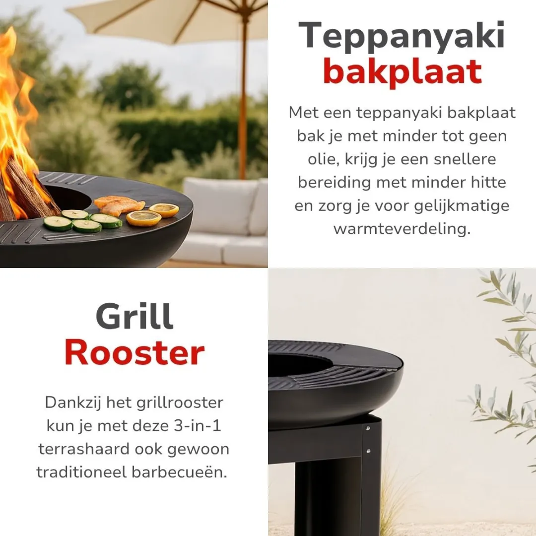 Alpina 3-in-1 Vuurkorf & Grillplaat 61x90cm - Teppanyaki Plancha - Zwart