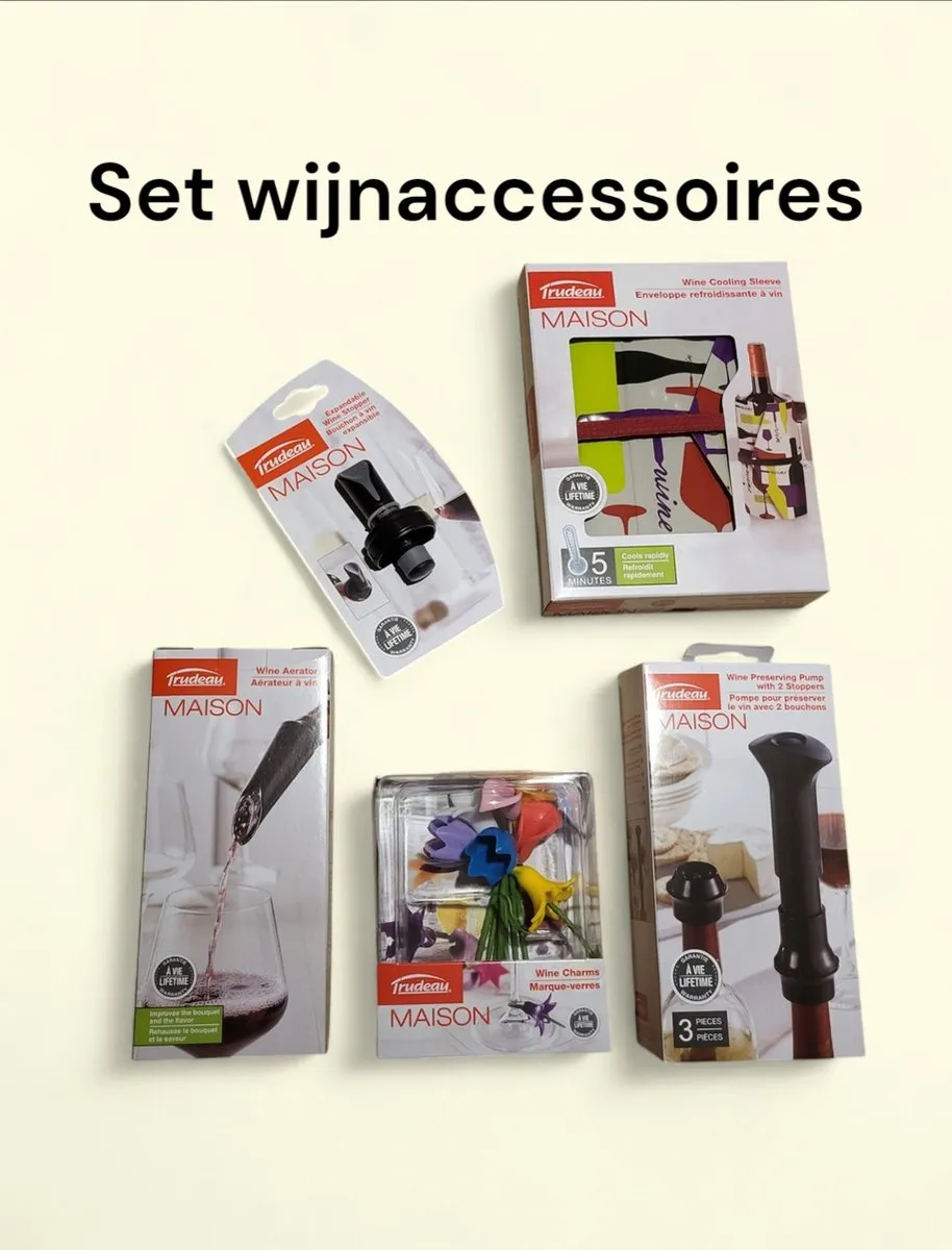 Trudeau Set 5x Wijnaccessoires Vacuumpomp - Wijn Schenktuit - Wijnkoeler - Wijnglas Markers - Wijnstopper
