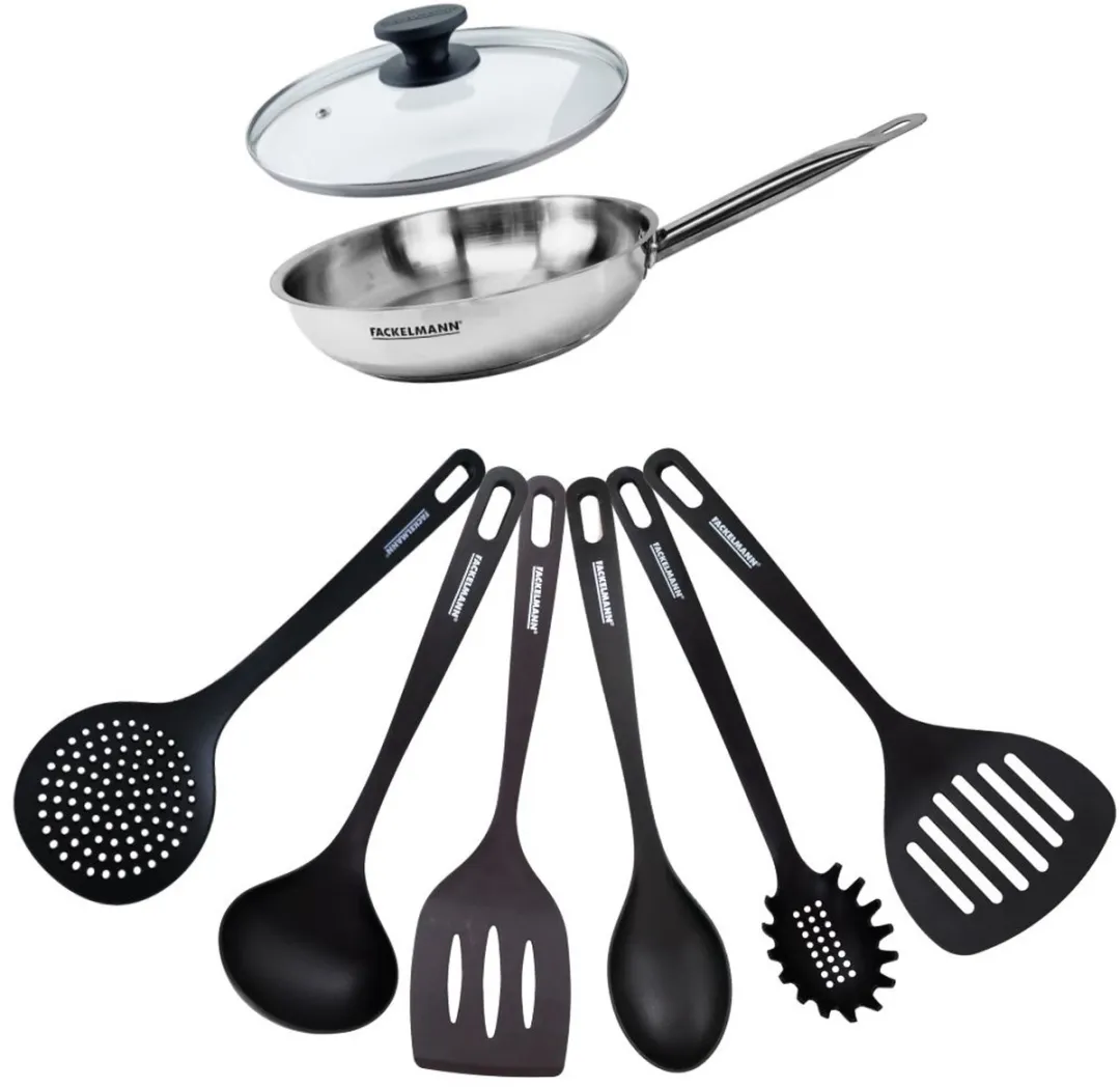 Fackelmann 9438850 Set Roestvrijstalen Pan 20cm - met Glasdeksel & 6 Hulpmiddelen - Inductiegeschikt