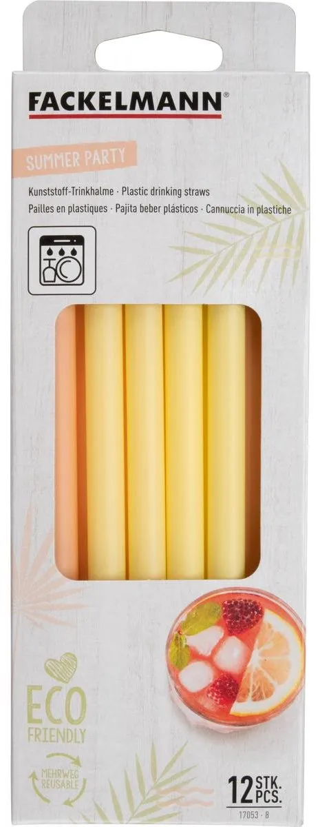 Fackelmann Herbruikbare Cocktailrietjes 12 Stuks - 20cm - Koraal/Geel