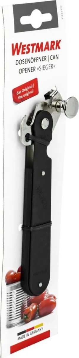 Westmark Blikopener met hefboomwerking en flesopener, lengte: 14,9 cm, staal, Original Sieger, zwart/zilver, 11212270