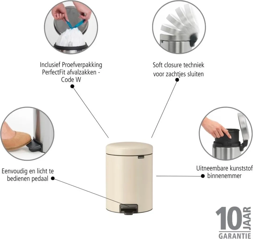 Brabantia NewIcon Prullenbak 5L - Soft Beige - afbeelding 6 van 6