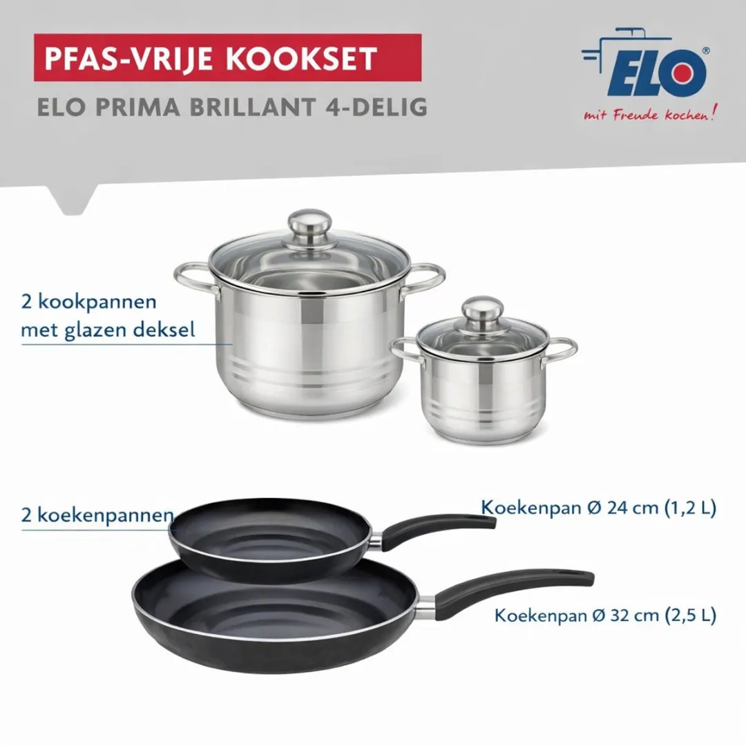 Fackelmann Elo Prima Keukengerei Set 4-delig - 2 Koekenpannen 24/32cm & 2 Kookpotten 20/24cm - Roestvrij staal