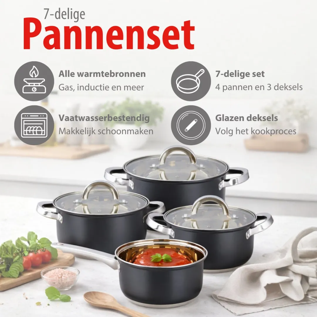Alpina Inductie Pannenset 4-delig RVS - 7 Stuks - Zilver