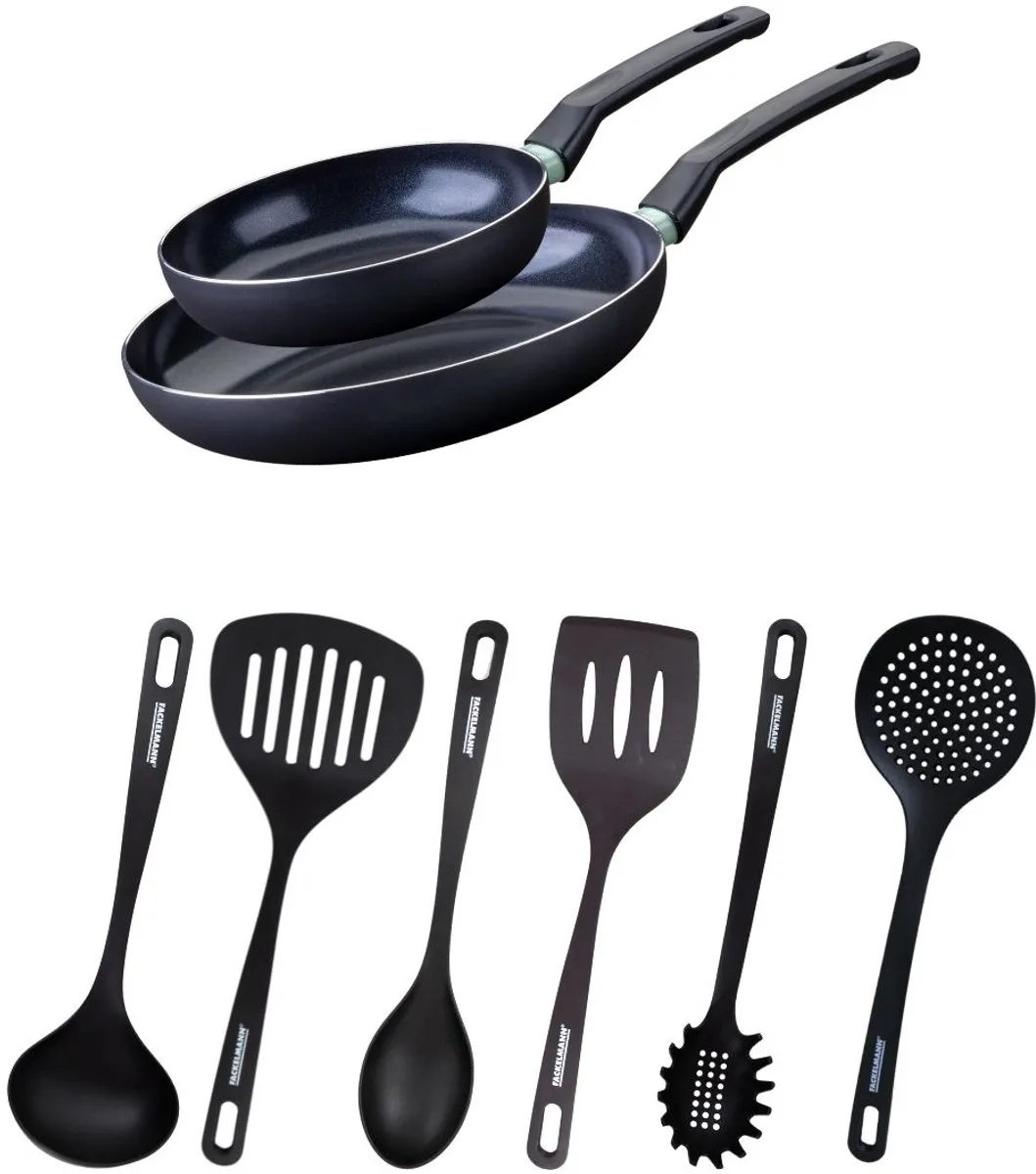 Fackelmann 9431650 Anti-aanbakset 20+28cm - 2 Pannen + 6 Keukengerei - Zwart/Groen