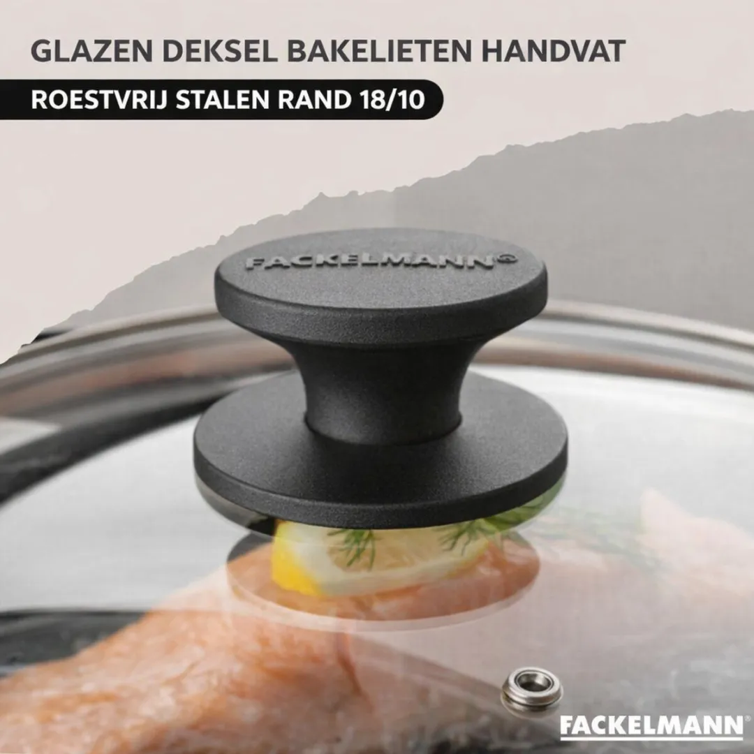 Fackelmann 9445350 Kookpan 20cm - Roestvrij staal & Zwart - Glas deksel