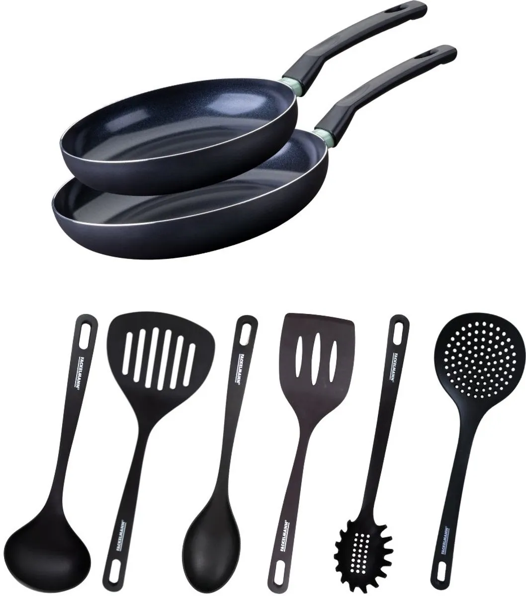 Fackelmann Anti-Aanbakpan Set 24+28cm - 2 Stuks + 6 Keukengerei - Zwart/Groen