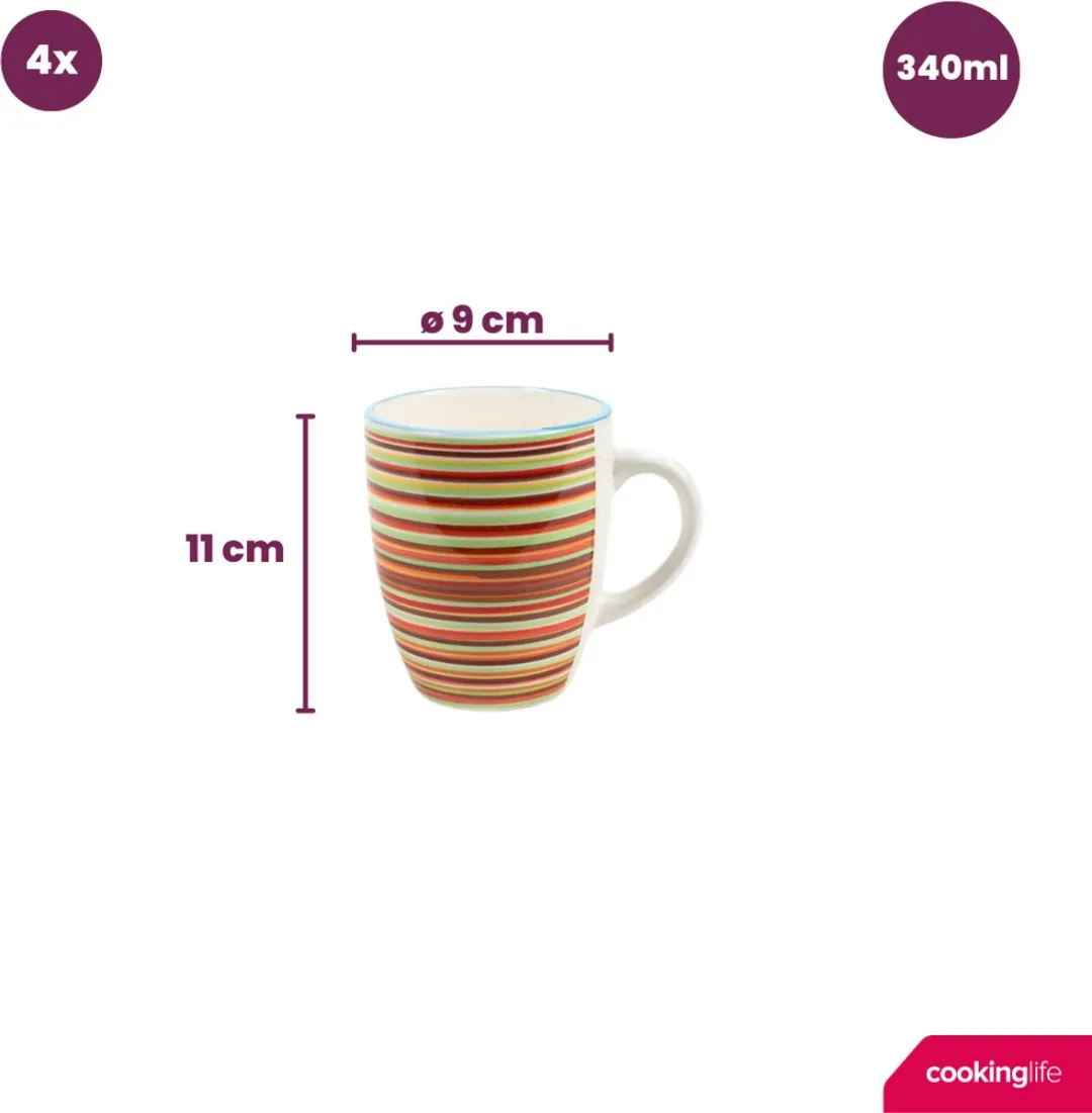 Cookinglife Rhythm & Lines Koffiemokken - Set van 4 - 340ml - Aardewerk