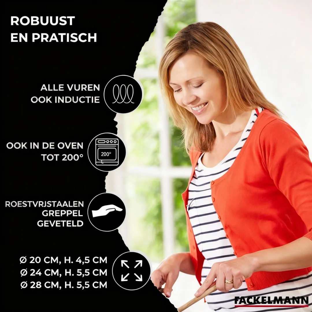 Fackelmann Roestvrijstalen Pannen Set 20/24/28cm - 3 Stuks met Glasdeksels