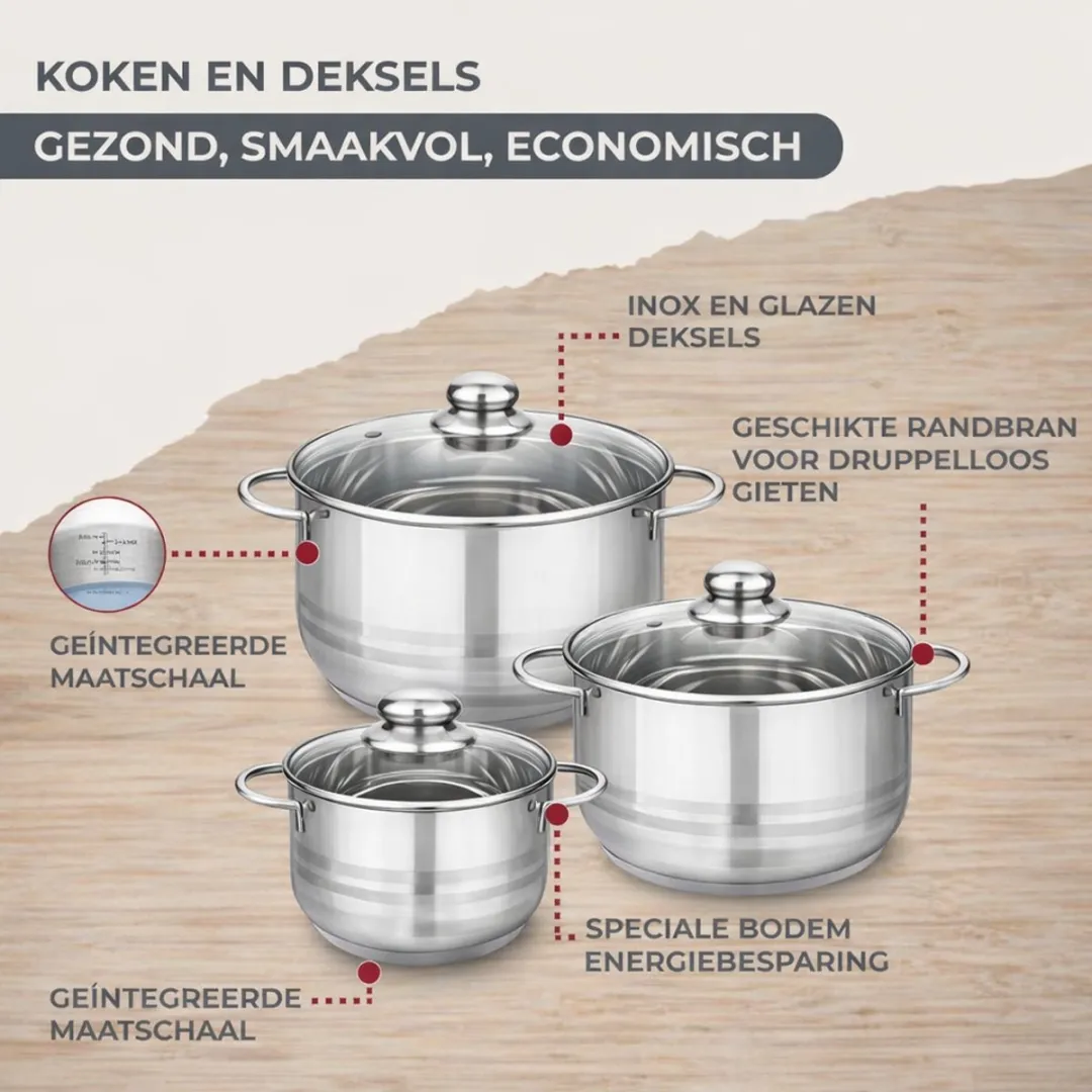 Fackelmann 9355150 Roestvrijstalen Kookset - 4 Pannen 16-28cm - Glasdeksels