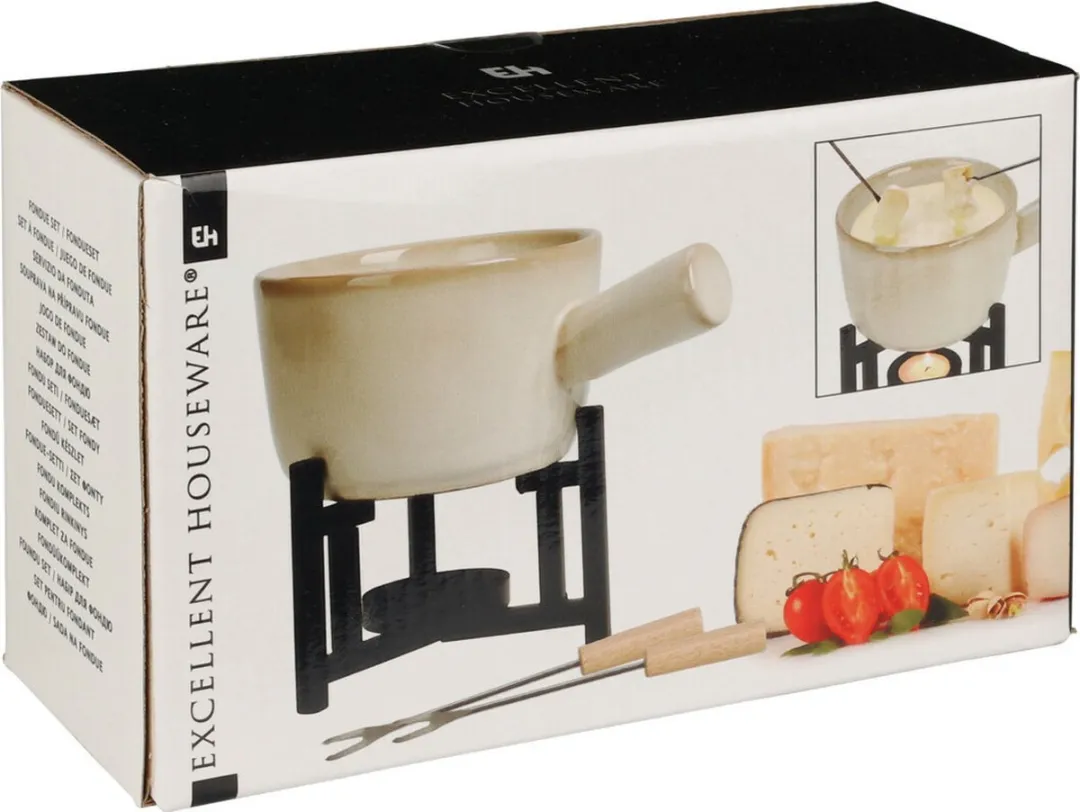 Excellent Houseware Kaasfondue Set Porselein Beige/Zwart