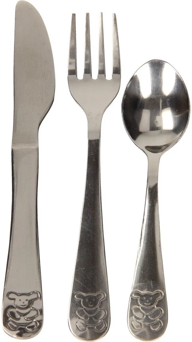Excellent Houseware Kinder Bestekset Beer - blauw doosje - kraamcadeau - 3-delig - zilver - RVS - bestek voor kinderen