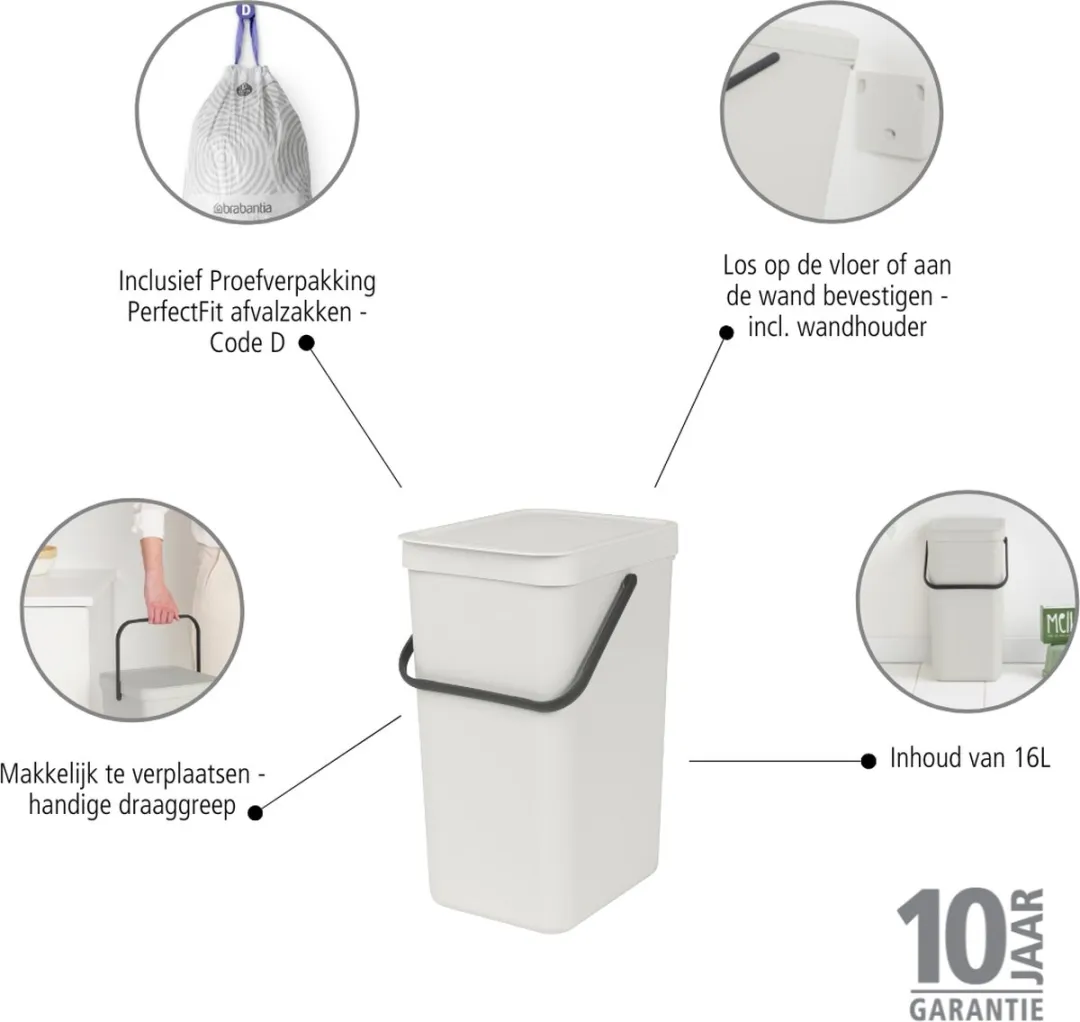 Brabantia Sort & Go Prullenbak 16L - Light Grey