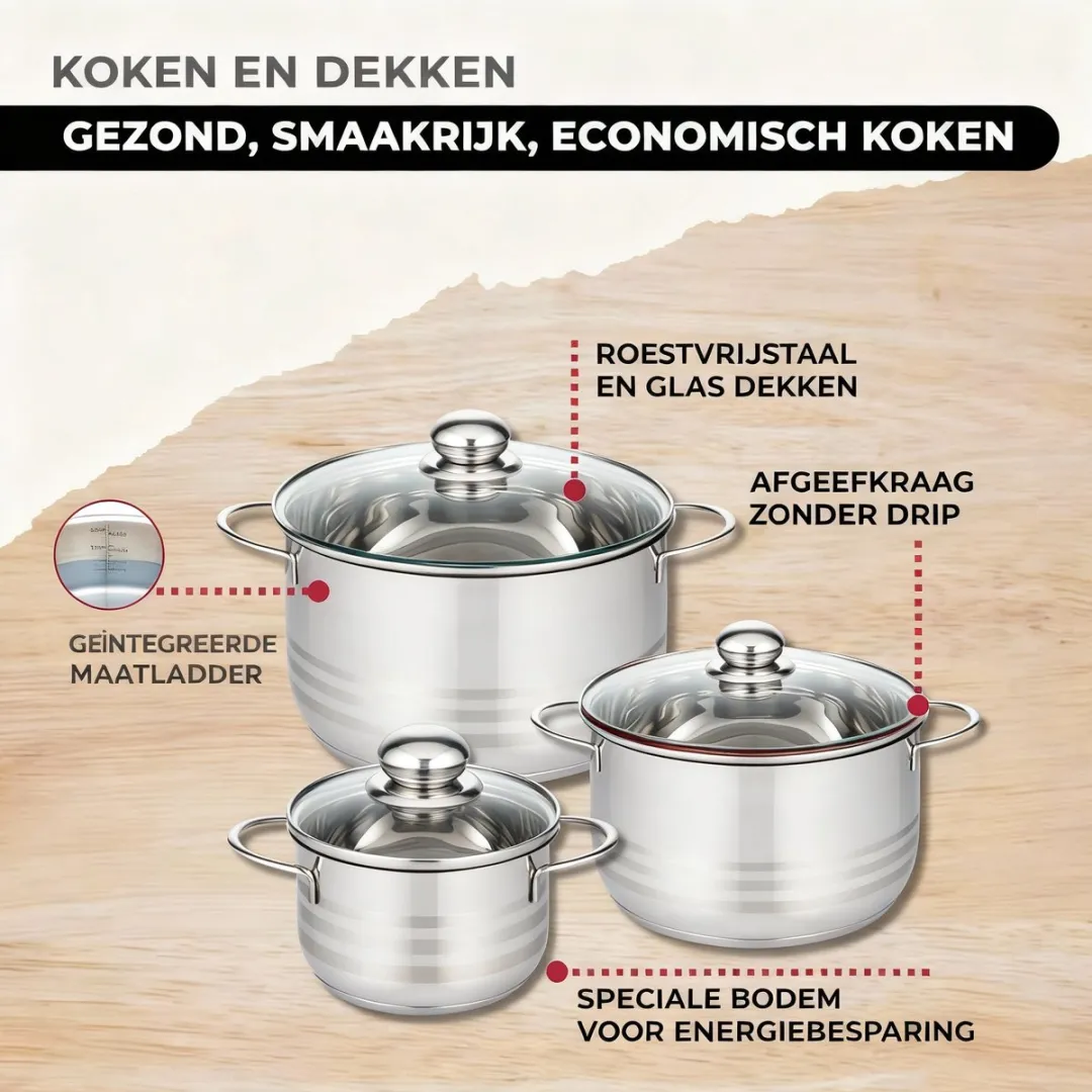 Fackelmann Etherna 9200350B88 Kookset - 3 Potten & 2 Pannen - Roestvrij staal - afbeelding 6 van 6