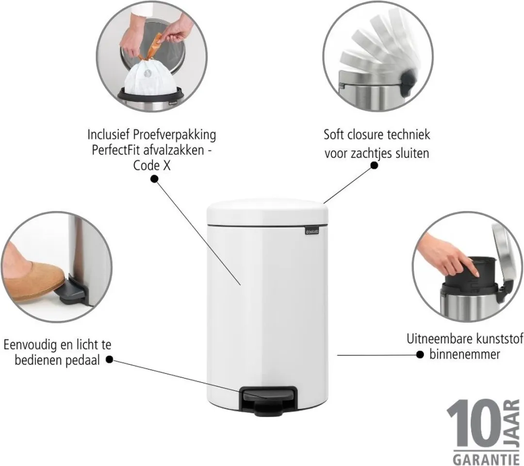 Brabantia NewIcon Prullenbak 12L - Wit