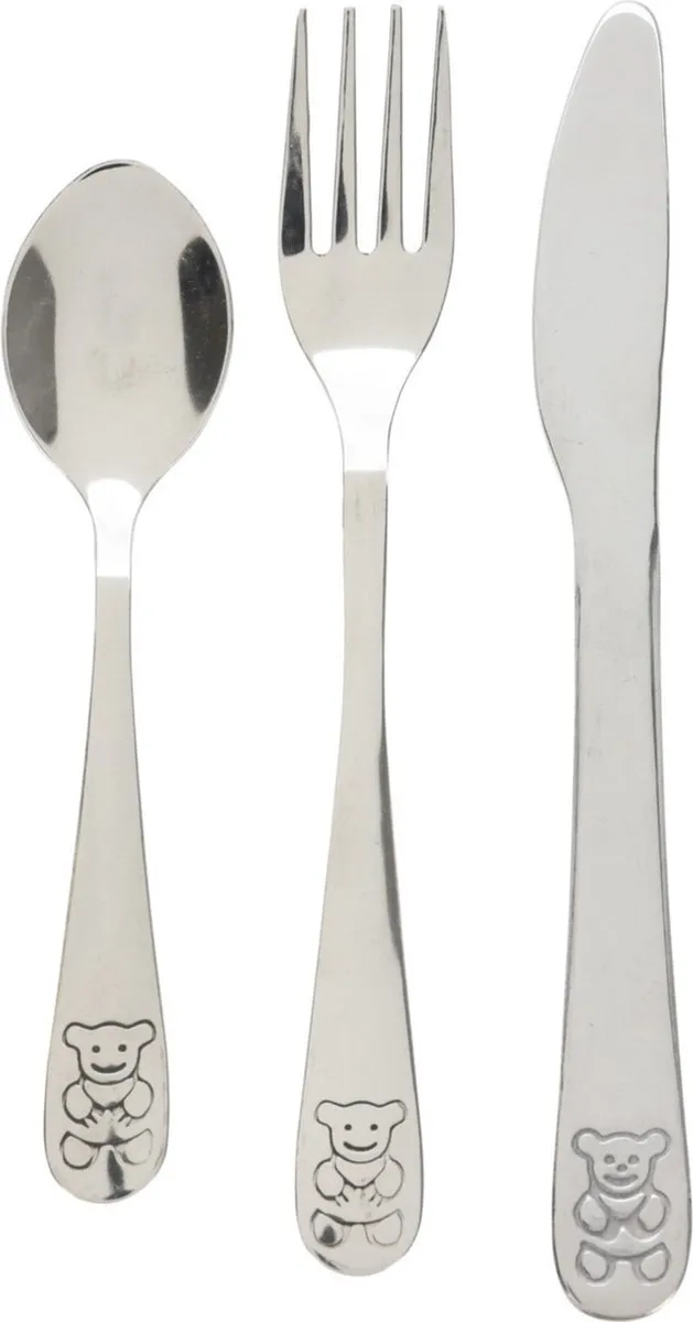 Cutlery for Kids bestekset met beer - 6-delig - zilver - RVS - voor kinderen