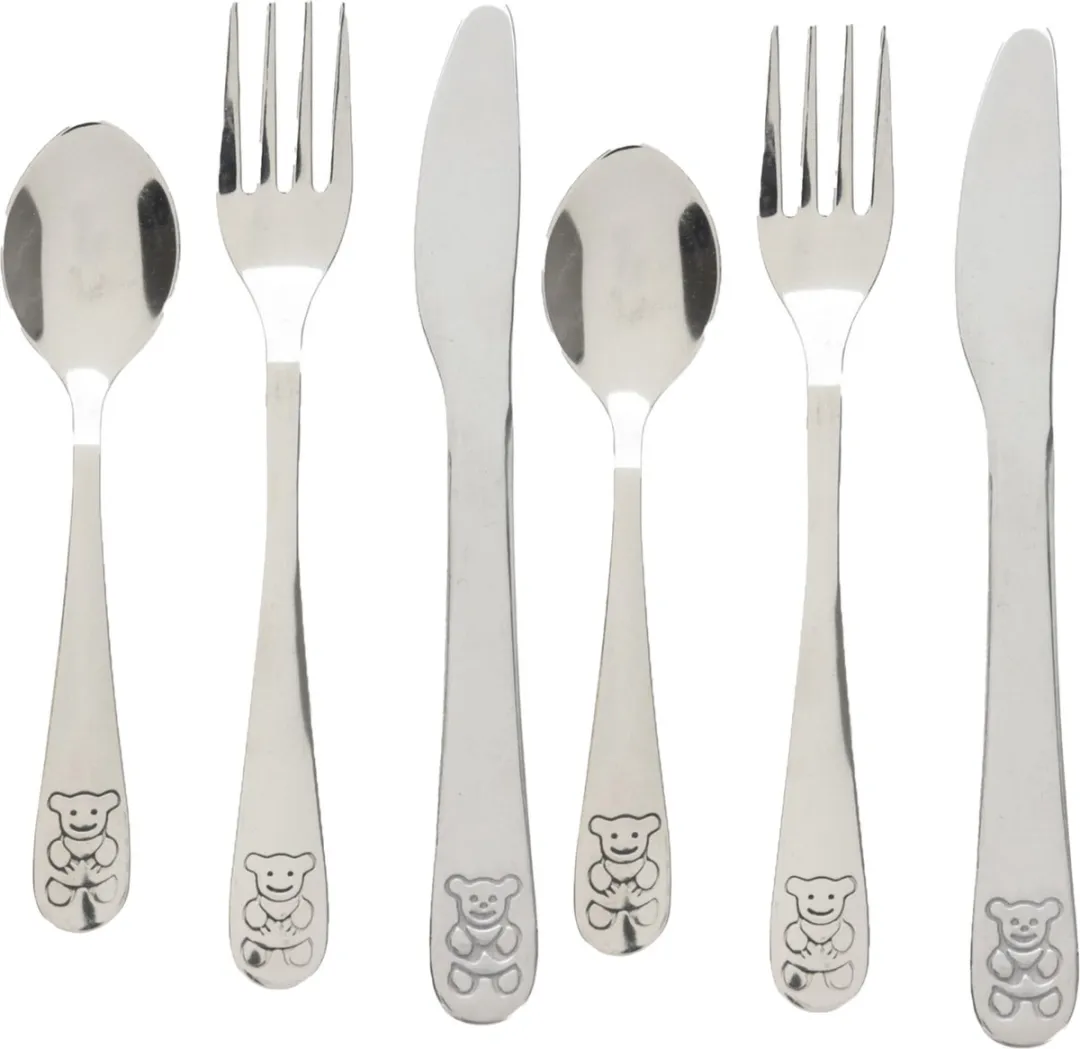 Cutlery for Kids bestekset met beer - 6-delig - zilver - RVS - voor kinderen