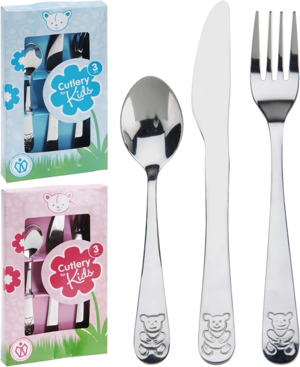 Cutlery for Kids bestekset met beer - 6-delig - zilver - RVS - voor kinderen