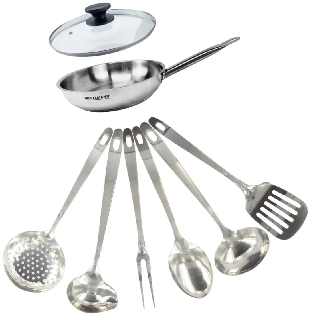 Fackelmann 9439950 Pan 20cm - Roestvrij staal - Glazen deksel & 6 stuks keukengerei