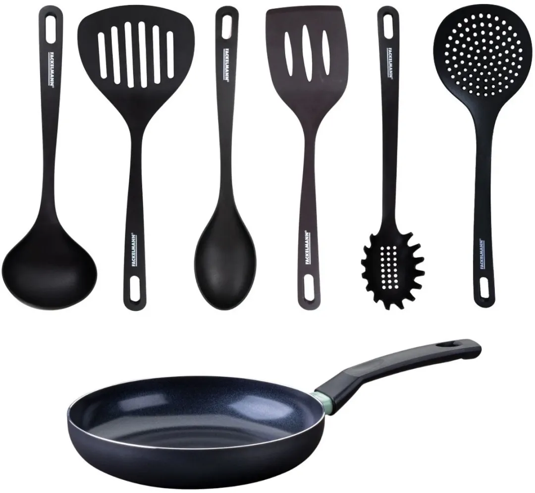 Fackelmann 9428850 Antiaanbakset - 24cm Pan + 6 Keukengerei - Zwart/ Groen