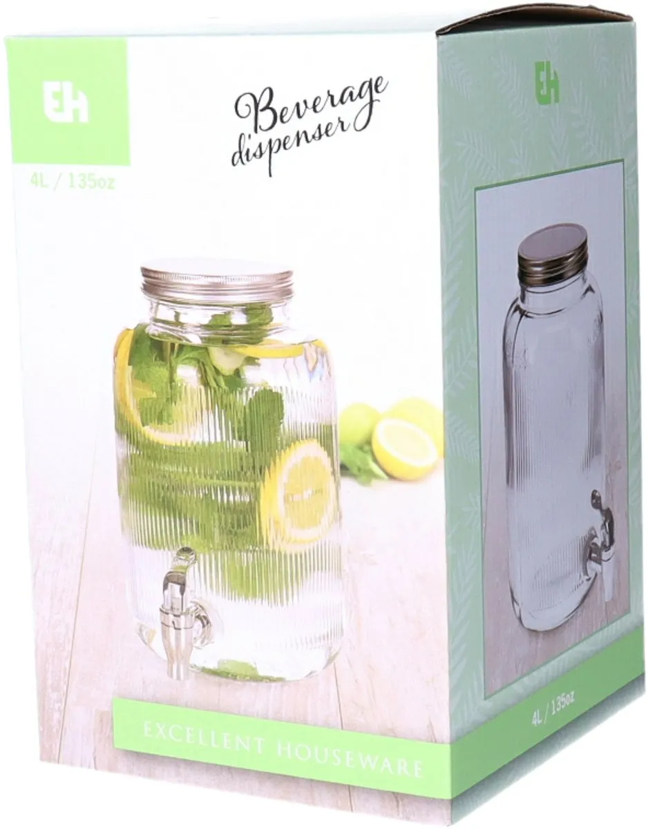 Excellent Houseware Drankdispenser 4L - Glas - Zilver - 25x16cm