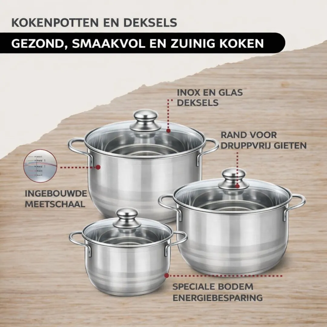 Fackelmann 9201050B88 Kookset RVS - 3 Potten 16/20/24cm + 2 Pannen 20/24cm - 5 Stuks Keukengerei
