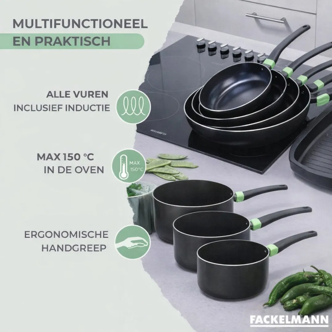 Fackelmann 9221250B88 Pan Set - 4 Stuks 16/18/20cm + 5 Vario Keukengerei - Zwart/Groen