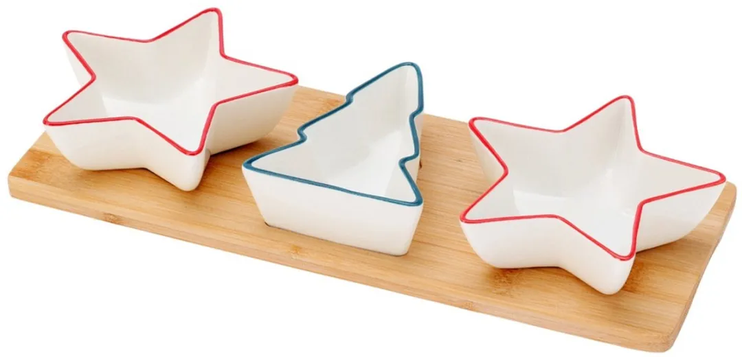 Excellent Houseware Serviesset - 4-delig - Porseleinen Schalen - Bamboe Tafelblad