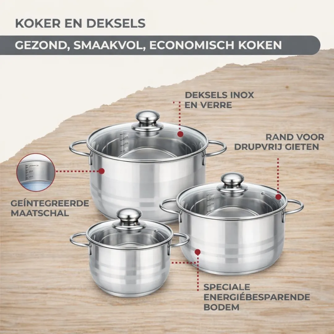 Fackelmann Genève RVS Koekenpan 24cm + 3 Pannen 16/20/24cm - Set met deksel - Inox