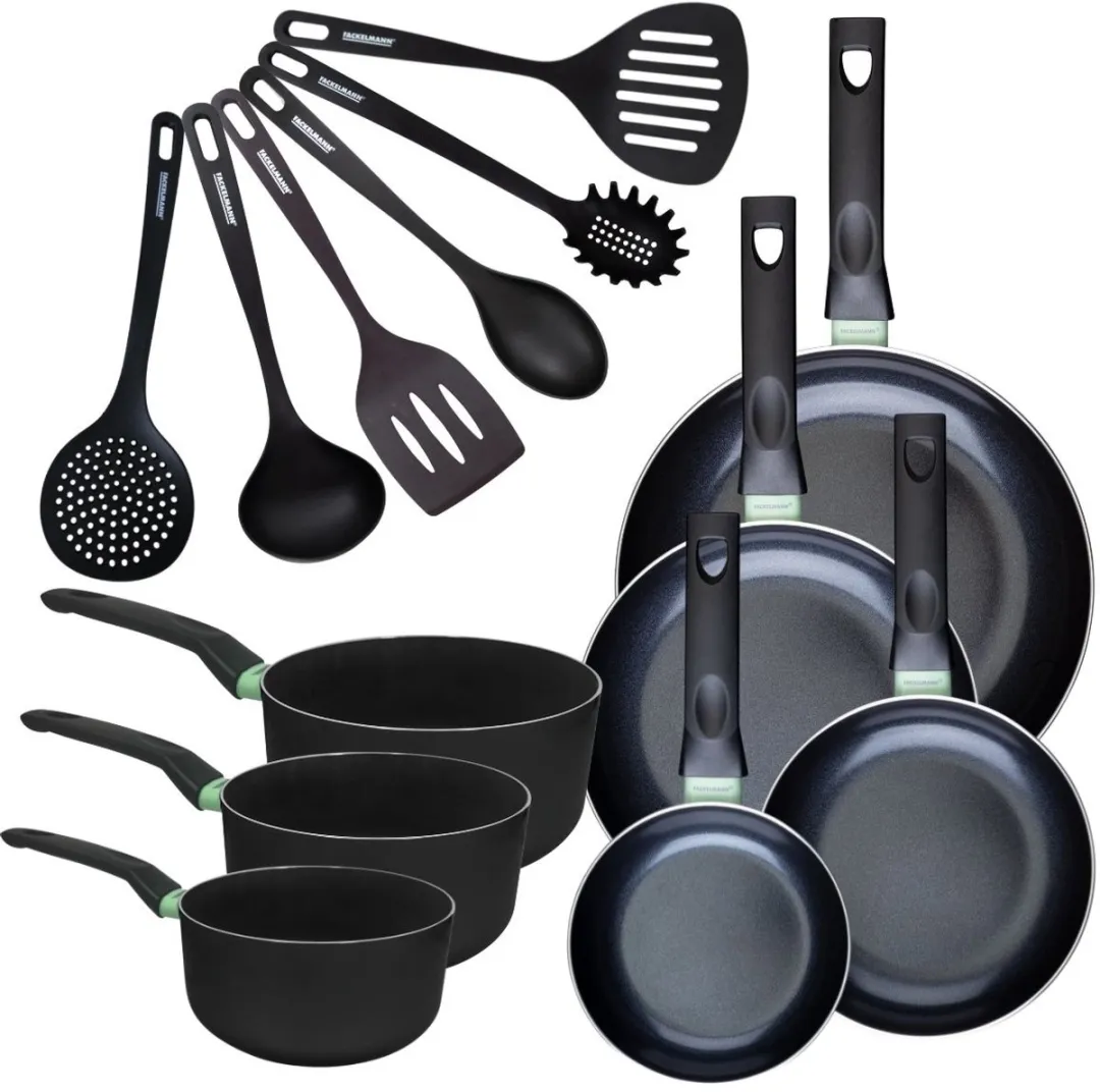 Fackelmann 9433450 Set Pannen 16-28cm - 4 Stuks + 6 Keukengerei - Zwart/Groen