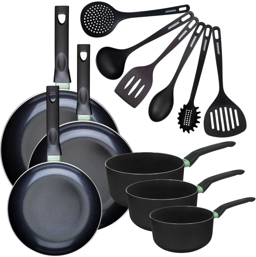 Fackelmann 9433350 Set Pannen 16-30cm - 3x Koekenpannen + 3x Steelpannen + 6x Keukengerei - Zwart/Groen