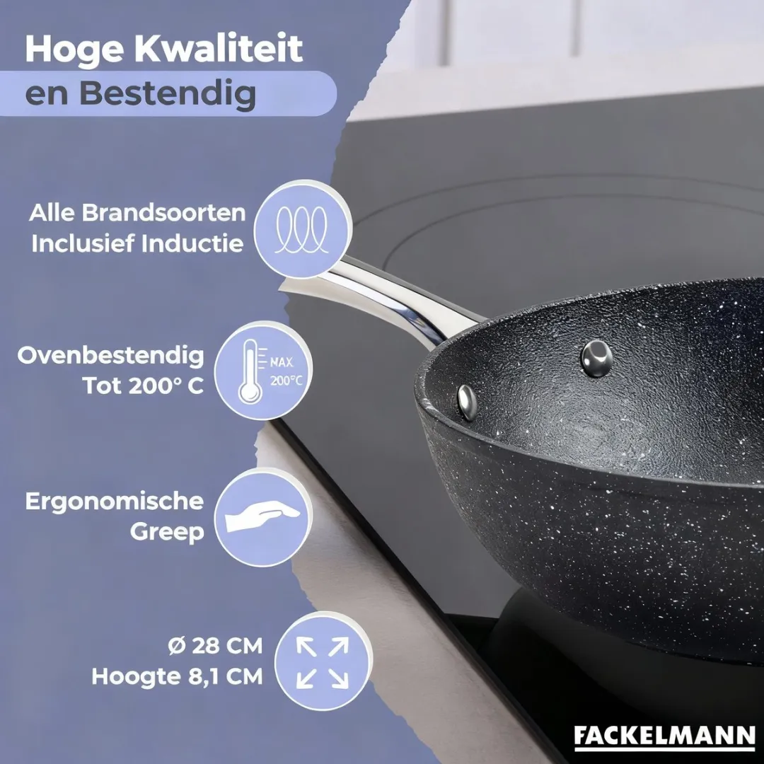 Fackelmann Wok 28cm - Zwart - Alle warmtebronnen