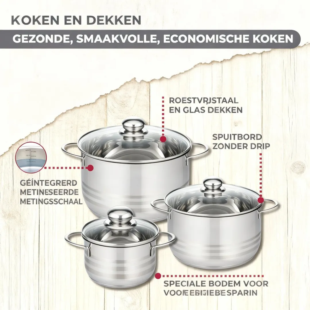 Fackelmann Genève Set 3 Kookpotten & 2 Pannen - Inox/Noir - afbeelding 6 van 6