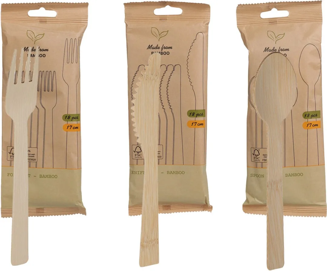 Excellent Houseware Wegwerp Bestek Bamboe 54-delig - 17cm - Beige
